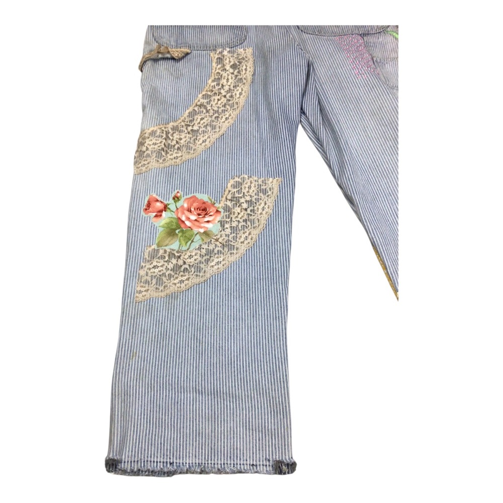 Upcycled Vintage Key Bib Railroad Striped Overalls Embroidered Crochet Parchwork - Picture 11 of 14